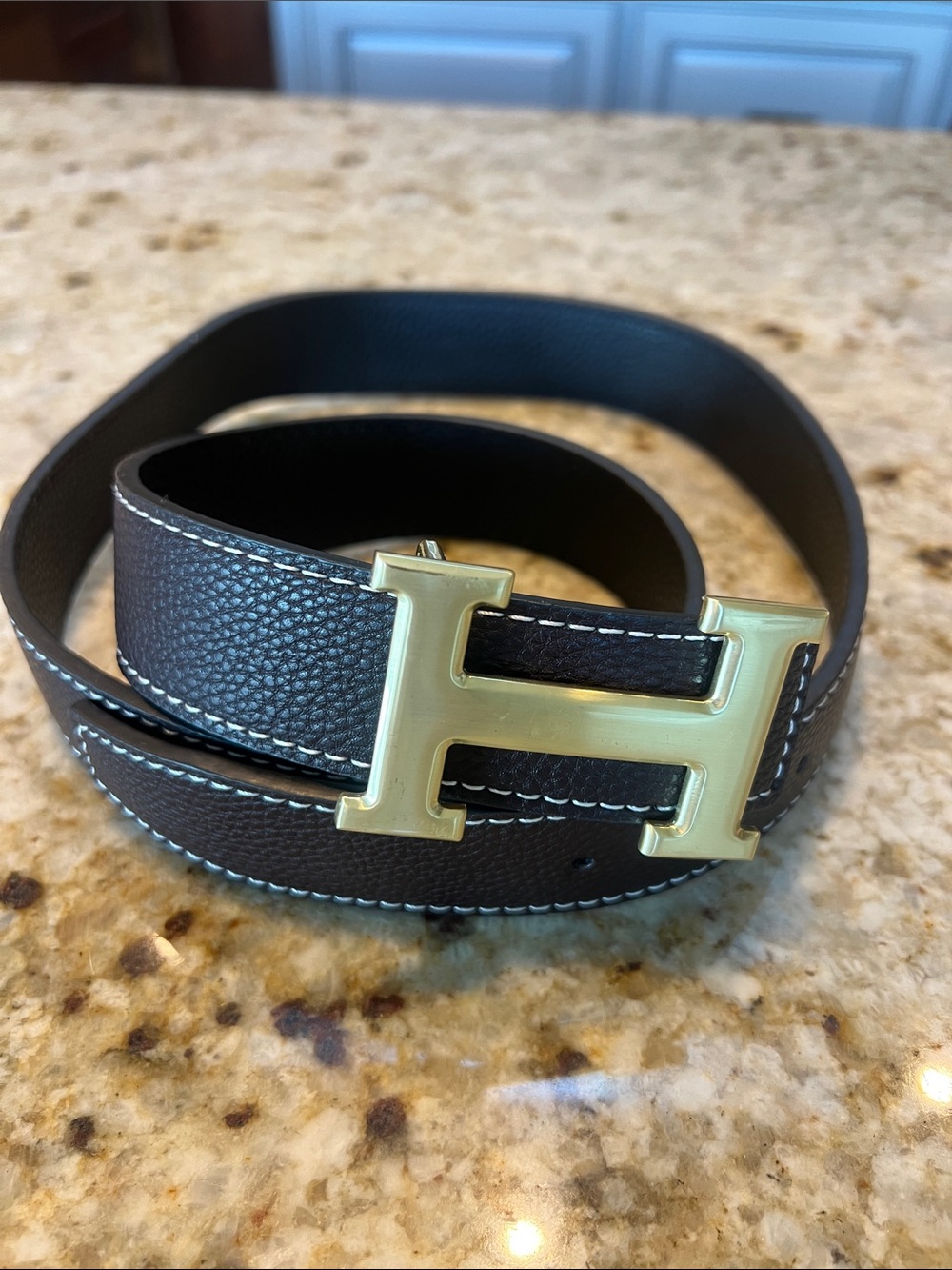 Designer inspired “H” logo belt brown with white stitching